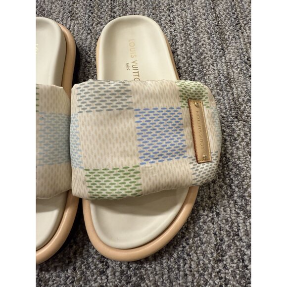 Louis Vuitton Womens Checkered Slide Sandals Beige/Green/Blue Size 38 - Picture 2 of 10